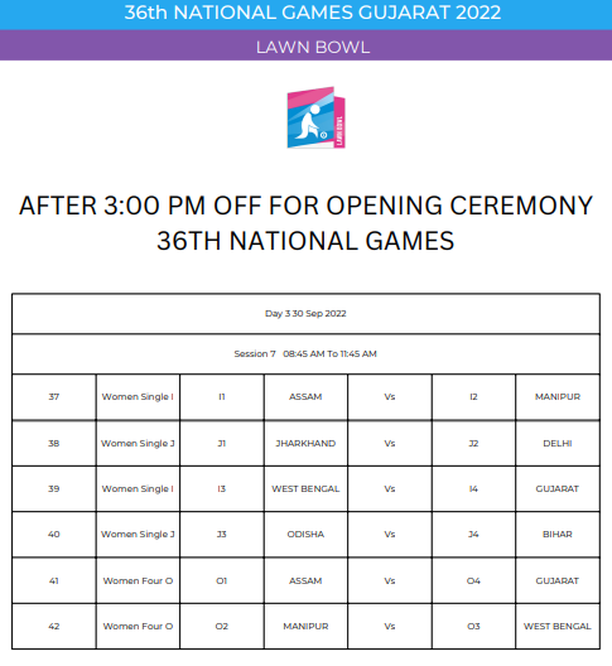National Games 2022, Lawn Bowls Teams, formats, schedule and timings